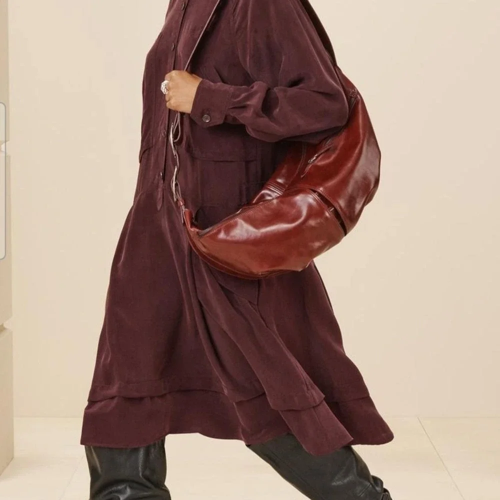 ZARA Large Burgundy Leather Crescent Shoulder Bag Double Buckle Strap Zip close